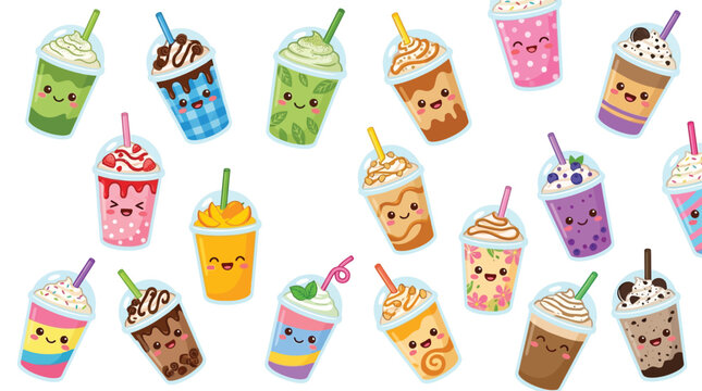 A vibrant collection of kawaii-style cartoon drinks with happy faces, perfect for a cheerful and sweet aesthetic.