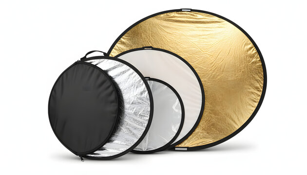 Collapsible photography light reflector discs set for studio and outdoor lighting.