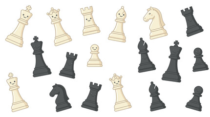 A whimsical collection of cartoon chess pieces, featuring both black and white figures with adorable, smiling faces, scattered across a white background. © jaina