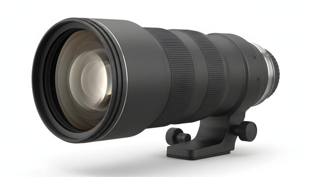 Professional black telephoto zoom camera lens isolated on white background.