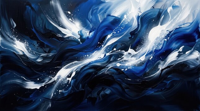 Dark blue and white abstract waves crash across the canvas, creating a dynamic and turbulent scene.