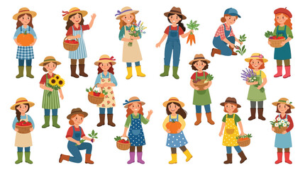 Fototapeta premium A vibrant collection of diverse young girls dressed as farmers, happily engaged in various agricultural activities, holding fresh produce and flowers.