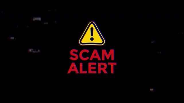 Yellow exclamation point triangle symbol with red scam alert glitch text background. Suitable for warning messages, cybersecurity concepts, digital fraud.