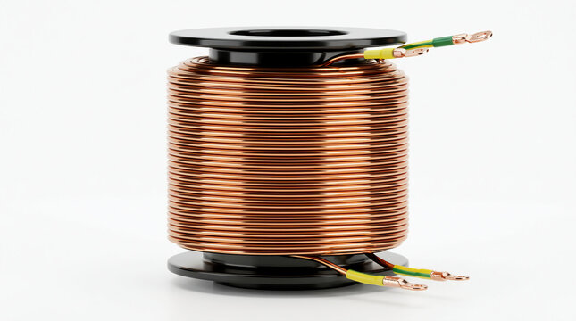 Electric copper coil winding component on black bobbin spool isolated on white background