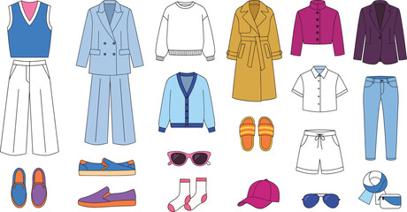 Fototapeta premium Flat vector illustration of modern capsule wardrobe clothing set with casual garments apparel shoes and accessories isolated on white background