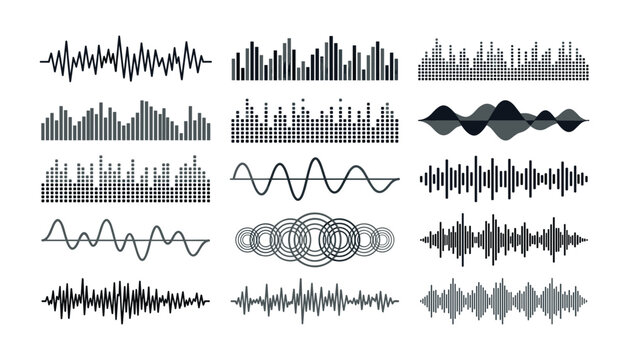 Audio sound wave and digital equalizer vector set featuring musical signal frequencies electronic spectrum bars and radio voice wavelengths