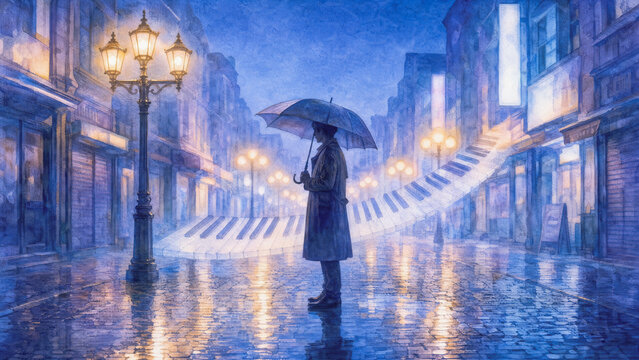 Giant Piano Keyboard Street in the Rain with a Man and Umbrella, Watercolor Illustration