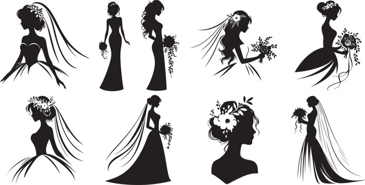 Black and white bride silhouettes with floral bouquets