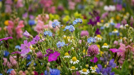 Obraz premium A vibrant wildflower meadow bursts with a multitude of colorful blooms. Numerous small flowers of various shapes and sizes create a dense, textured carpet.