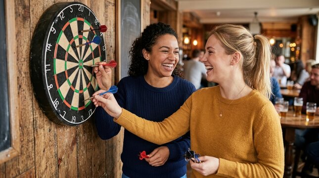 Two women are laughing and celebrating while playing darts in a pub. One woman is aiming a dart at the board, while the other is playfully guiding her arm.