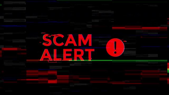 Distorted red scam alert warning text glitch background tv static. Suitable for cybersecurity, fraud, scam alert concept designs.