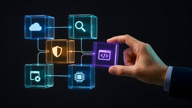 System integration concept with hand placing code block into digital network of glowing tech icons representing software architecture and cybersecurity