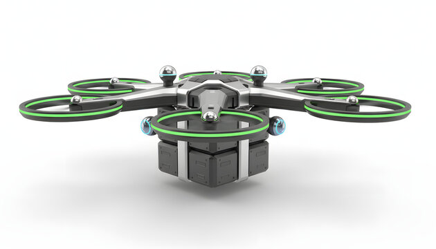 Modern delivery drone carrying a package for autonomous logistics.
