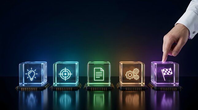 Project management workflow process concept hand touching final success milestone in sequence of glowing digital strategy cubes