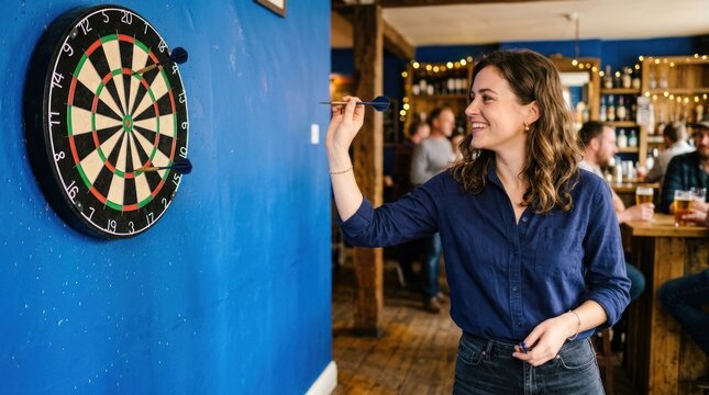 A woman is throwing a dart at a dartboard. She is smiling and appears to be enjoying the activity.