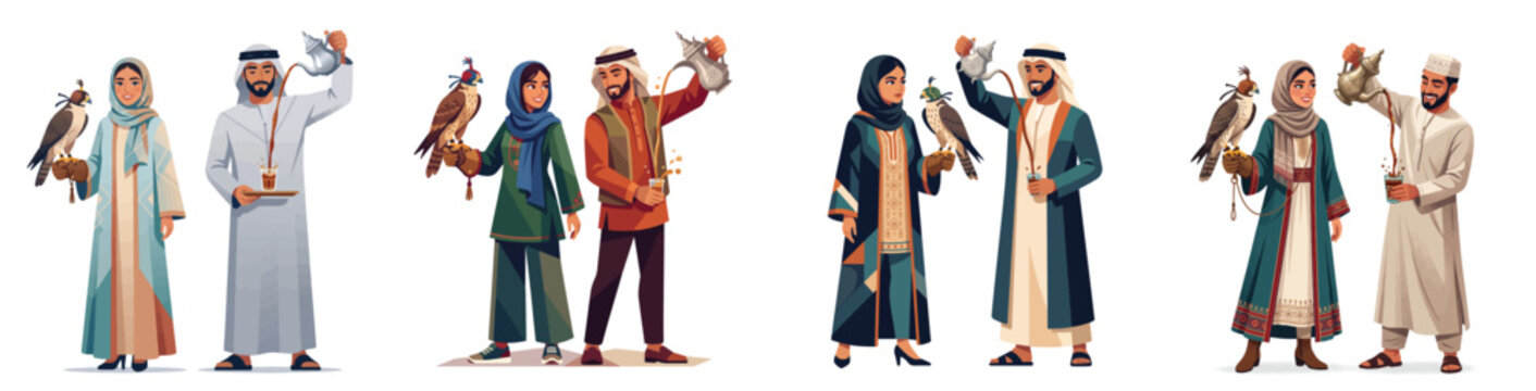 Traditional Middle Eastern men and women practicing falconry with predatory birds on white background