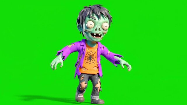 Cartoon zombie walking. 3D undead character on a green screen background, chroma key