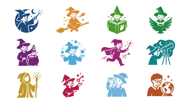 Childhood Fantasy Magic Glyph Icon Set with Cute Wizards and Witches for Education