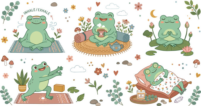 Cute Kawaii Frog Mindfulness and Self Care Routine Vector Set Featuring Cartoon Amphibians Meditating Drinking Tea Stretching and Sleeping