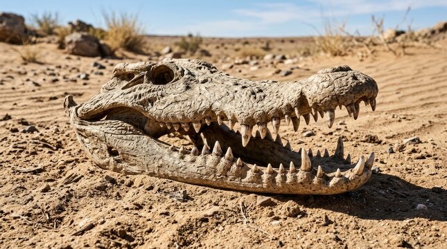 A weathered crocodile skull rests on a sandy desert floor. The skull&rsquo;s jaws are open, revealing sharp teeth.