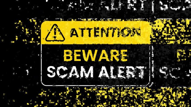 Yellow black attention sign scam alert warning grunge texture style bold print suitable for scam prevention awareness campaigns, online security websites, financial fraud articles.