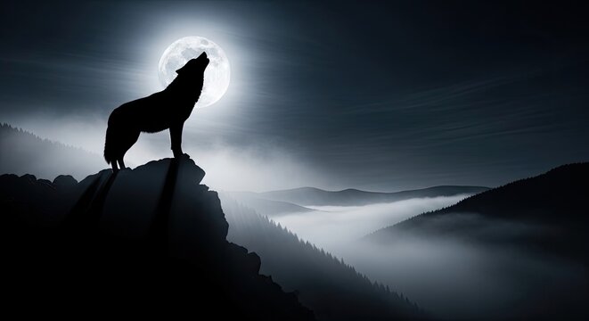 A silhouetted wolf stands atop a rocky hill, howling at a large, luminous full moon. The scene is set during a misty night, with rolling hills and a hazy valley in the background.