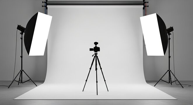 A camera sits on a tripod in a photography studio. Two softbox lights illuminate a white backdrop.