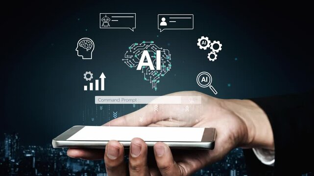 Hand Holding Smartphone with AI Neural Network Graphics and Digital Communication Icons in Background, Technology Concept. Entropy.