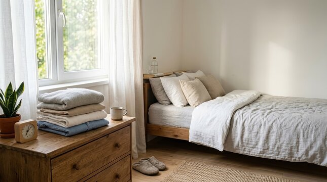 A cozy bedroom scene features a wooden bed with a white linen duvet and several textured pillows. A stack of folded towels sits on a wooden dresser alongside a small clock and a pair of slippers.