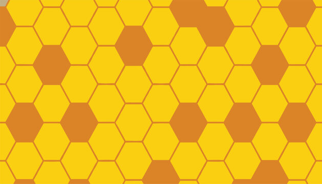 Seamless golden pattern of yellow and orange hexagonal honeycomb cells, representing fresh honey and busy beehives.