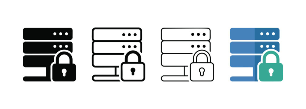 Secure Server Data Protection Icons Set with Padlock Symbol for Network Security and IT Infrastructure