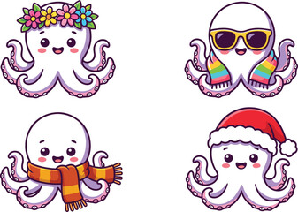 Naklejka premium Cute Kawaii Octopus Character Vector Set with Four Seasons Costumes Featuring Flower Crown Sunglasses Winter Scarf and Christmas Santa Hat Graphic Designs