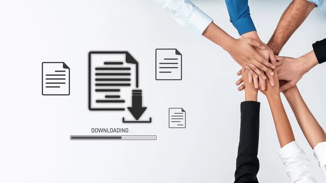 A diverse group of hands overlapping in a collaborative effort around papers symbolizes teamwork, focusing on productivity and innovation in a business setting. Raster