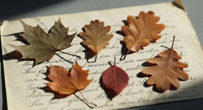 Dried autumn leaves on aged paper background