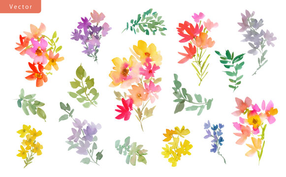 Watercolor clipart set with abstract hand-painted colorful wildflowers for banners, stationery, and card design