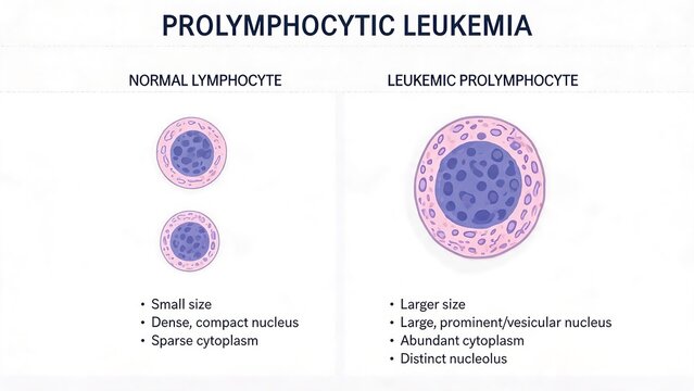 Prolymphocytic Leukemia comparison diagram, normal lymphocyte vs leukemic prolymphocyte cell morphology, hematopathology educational illustration