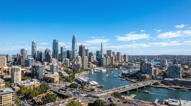 Panoramic Aerial View of Modern City Skyline Modern Skyscrapers Water Bay and Blue Sky
