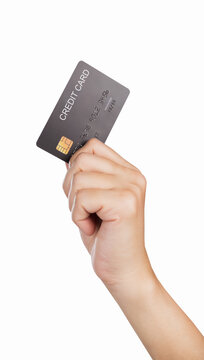 Hand hold credit card isolated on white background.