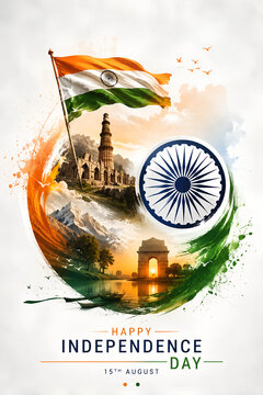 Indian independence day artistic illustration with national flag monument silhouette and ashoka chakra independence monument watercolor patriotic celebration national