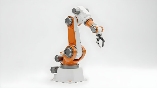 Modern industrial robotic arm with orange and white finish designed for automated manufacturing and high precision factory assembly processes