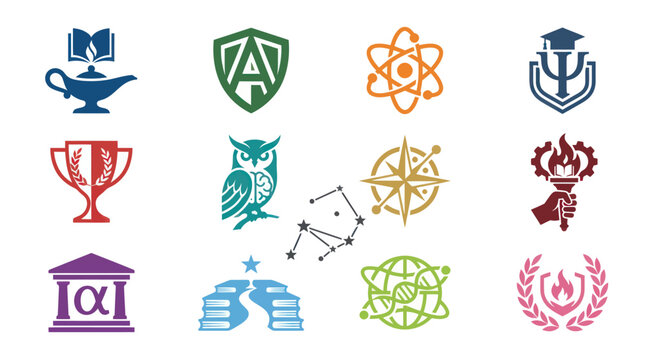 Education Symbols: Owl, Torch, Books, Science, University Icons