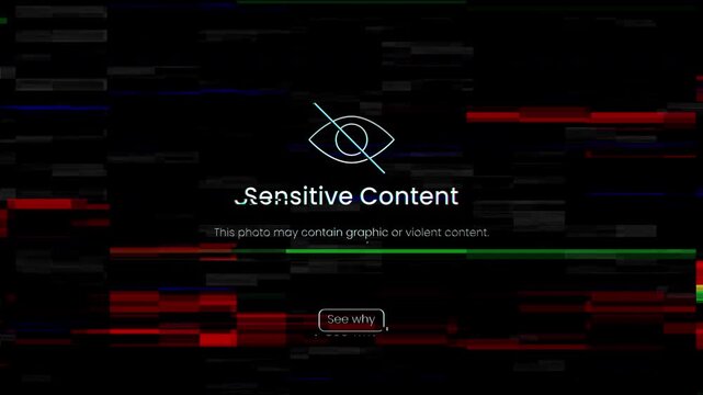 Sensitive content warning screen with glitch aesthetics in black, red, and white for sensitive content warnings. Suitable for website or app design.