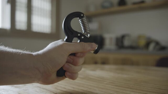 Close-up of a Man&rsquo;s Hand Using a Hand Gripper