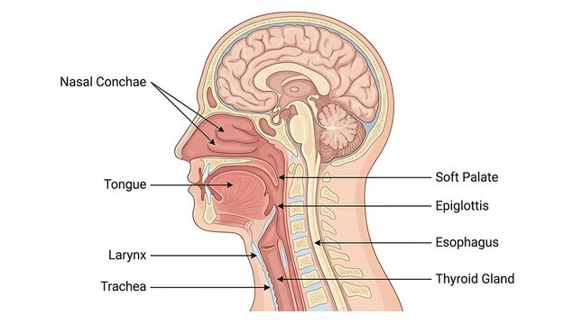 Anatomy of human head and neck profile diagram with physiology, esophagus