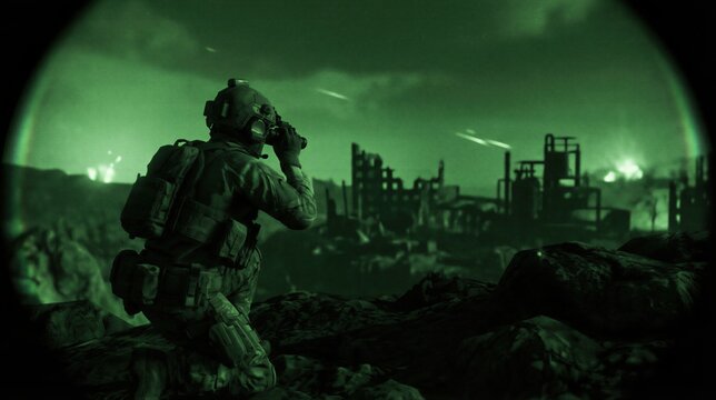 Soldier using night vision device in war zone at night. Man in tactical gear observing destroyed city. Military surveillance operation and reconnaissance technology in combat mission.