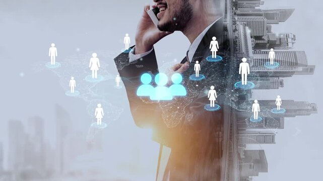 Businessman Using Smartphone with Digital Network and People Icons Representing Global Communication and Connection in Urban Environment. Entropy.