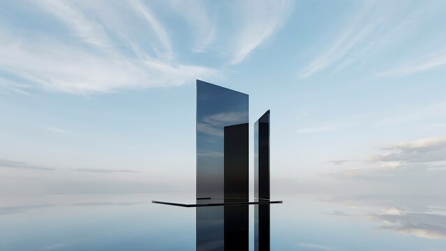 Two sleek glass panels, abstract architectural forms, stand on mirrored water surface under a soft cloudy sky, digital render, modern design concept.