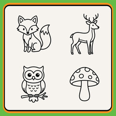 Fototapeta premium Cute forest animals and mushroom illustration set with simple line art style