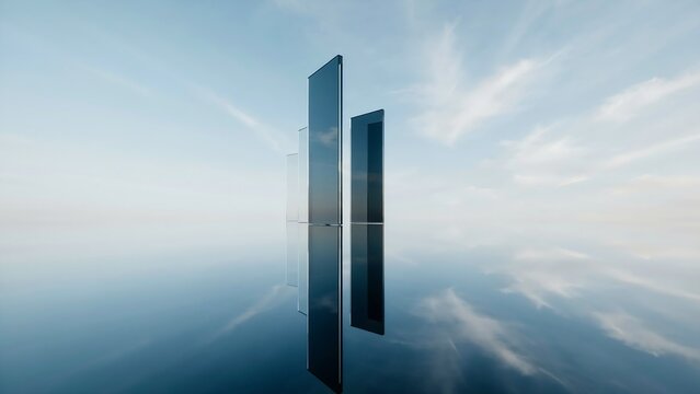 Minimalist glass rectangles reflecting wispy clouds on calm water, abstract architecture, serene landscape, ethereal light, modern design concept, clean environment.