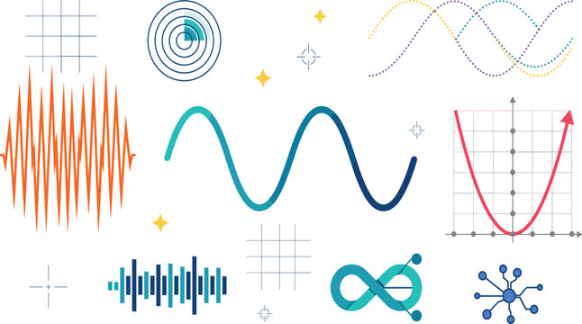 Science and Technology Waveform Vector Icon Set with Audio Waves Radar Chart Function Graph and Analytics Elements for Engineering and Data Visualization Designs